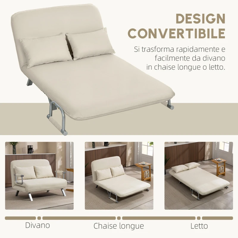 HOMCOM Divano letto 2 posti con schienale regolabile e 2 cuscini, rivestimento in tessuto effetto scamosciato, Beige