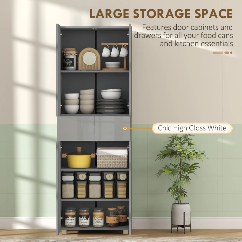 HOMCOM Storage Cabinet, Kitchen Cupboard with 3 Adjustable Shelves, 60L x 35W x 170H cm, High Gloss Grey