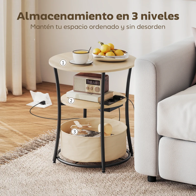 HOMCOM Mesa Auxiliar Redonda de 3 Niveles con Estación de Carga 3 Estantes y Bolsa para Salón Dormitorio Ø50x55,1 cm Natural