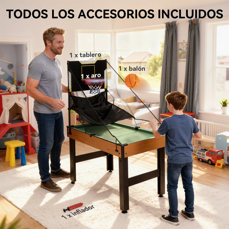 SPORTNOW Mesa Multijuegos 5 en 1 con Futbolines para Niños Billar Ping-pong Hockey y Baloncesto 134x108x144 cm Natural y Negro