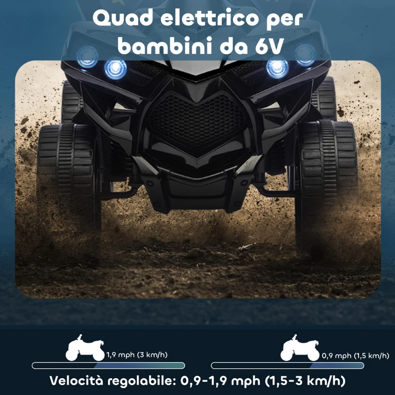 AIYAPLAY Quad Elettrico per Bambini ATV con Batteria Ricaricabile 6V, Fari LED e Musica, Età 3-6 Anni, Nero