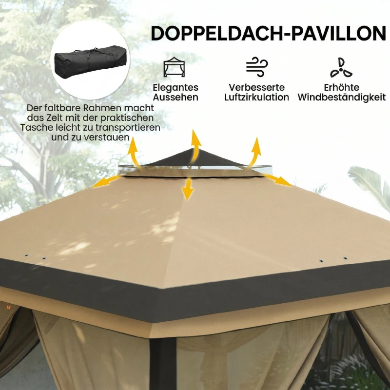 Outsunny Faltpavillon, Gartenpavillon, Metall und Stoffplane, Netzvorhänge, Entwässerungslöcher, 330L x 330B x 288H cm, Beige