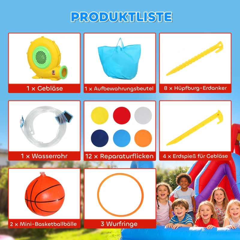 AIYAPLAY 8-in-1 Hüpfburg mit Gebläse Rutsche Planschbecken Trampolin Kletterwand für Indoor Outdoor 350x325x210cm Mehrfarbig