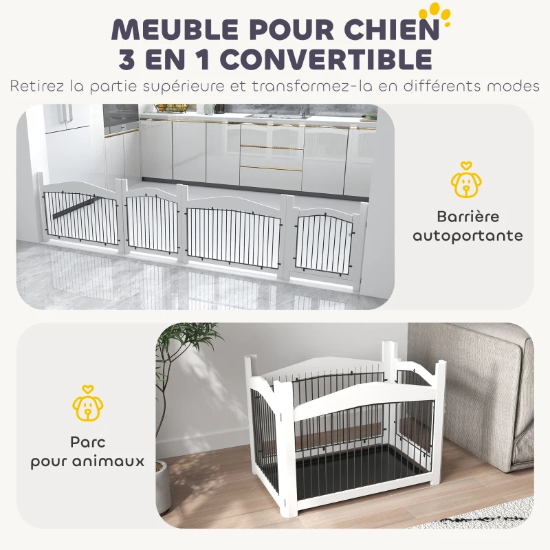 PawHut Cage pour chien 3 en 1 table d'appoint parc pour chien plateau amovible pour chien moyenne 82,5 x 57,5 ​​x 59,5 cm blanc