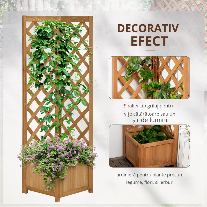 Outsunny Jardiniera de gradina din lemn de brad maro cu grila pentru plante cataratoare, 40x40x145cm