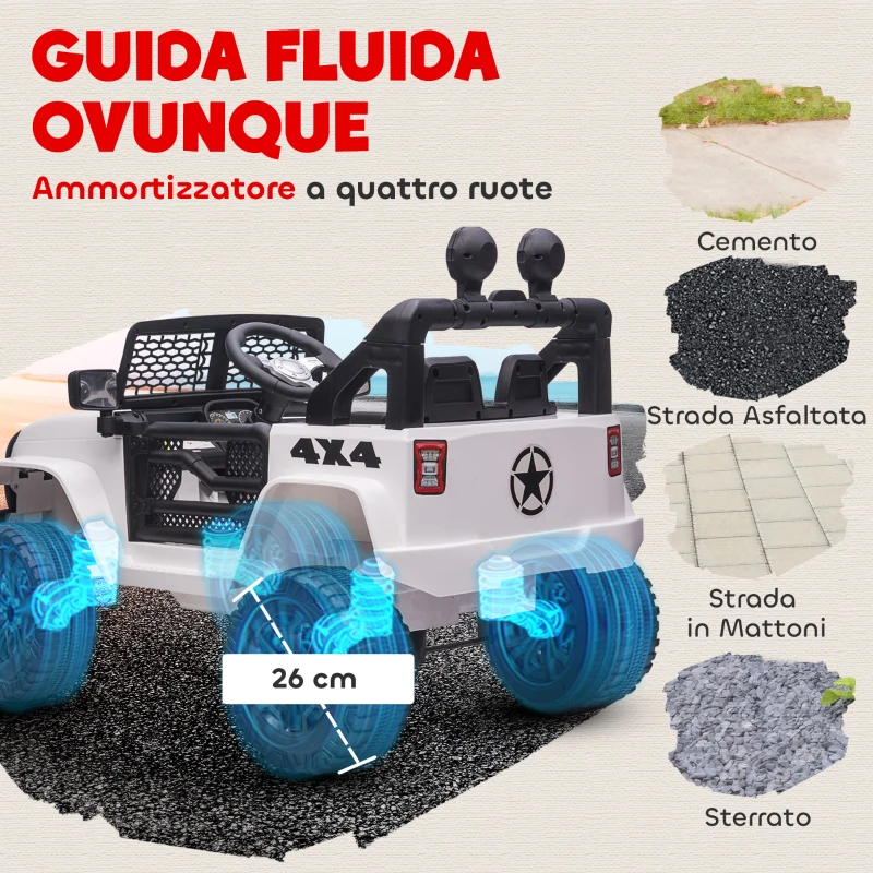 HOMCOM Macchina Elettrica per Bambini Jeep Fuoristrada con Telecomando e 2 Velocità, 100x65x72 cm, Bianco
