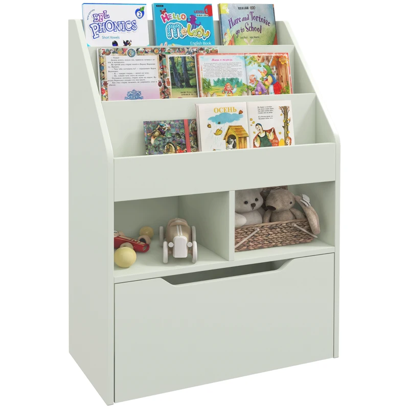 HOMCOM Kids Bookshelf, Toy Organiser, with Storage Drawer, Wheels - Green
