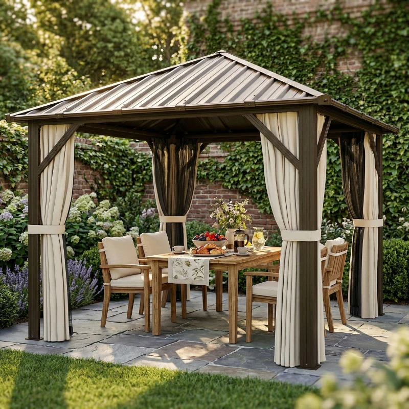 Outsunny Tuinpaviljoen ca. 3 x 3 m Aluminium Paviljoen met Stalen Hardtop-Dak, Muggennet en 4 Zijwanden, UPF50+