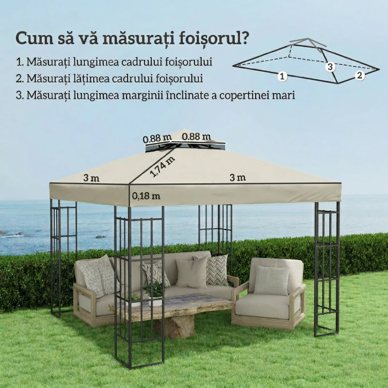 Outsunny Acoperire pentru Foișor de Grădină 3x3m, Acoperiș de Schimb UPF30+ cu 2 Straturi, Poliester, Crem