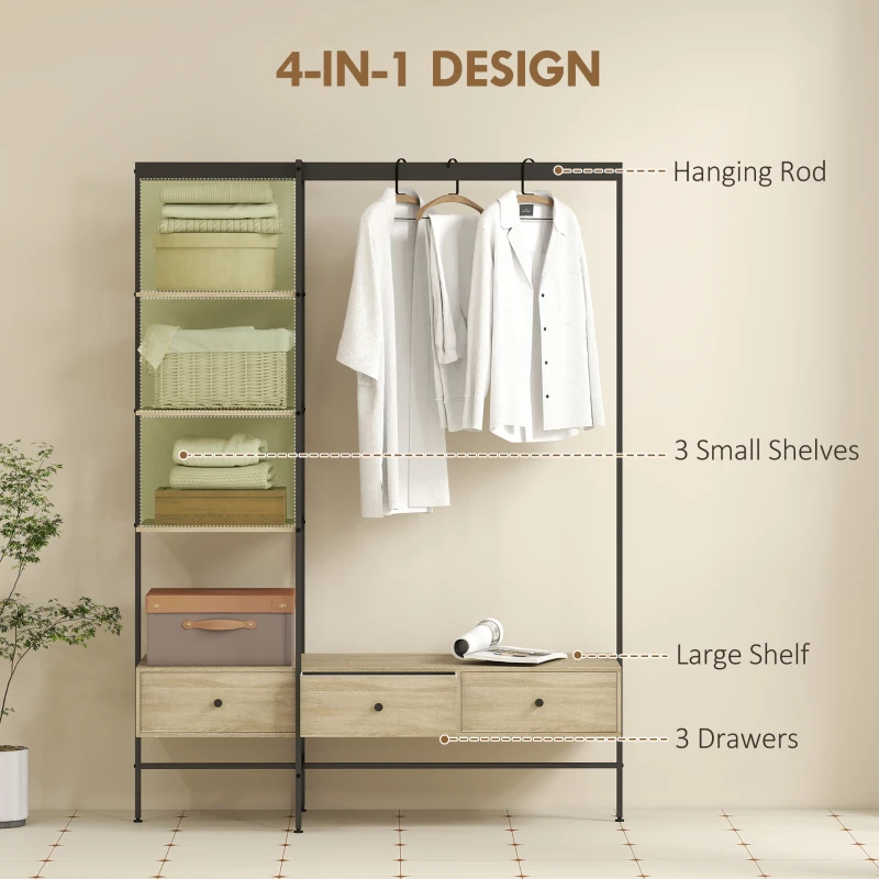 HOMCOM Kapstok met Planken, Lades en Kledingstang, 180 cm Vrijstaande Garderobe in Moderne Stijl, Metalen Frame, Eiken