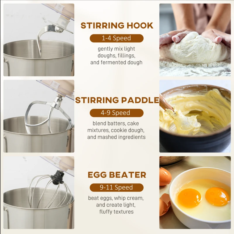 HOMCOM Stand Mixer, 6L 1400W Tilt-Head Food Mixer with 11 Speeds, Pulse & Fermentation Function, LED Display, Cream