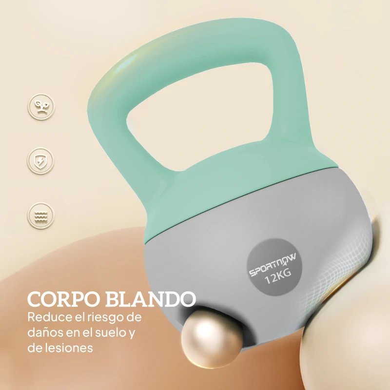 SPORTNOW Pesa Rusa 12 kg Kettlebell Relleno de Arena Metálica Mango Antideslizante para Entreno en Casa 21x21x30 cm Verde y Gris