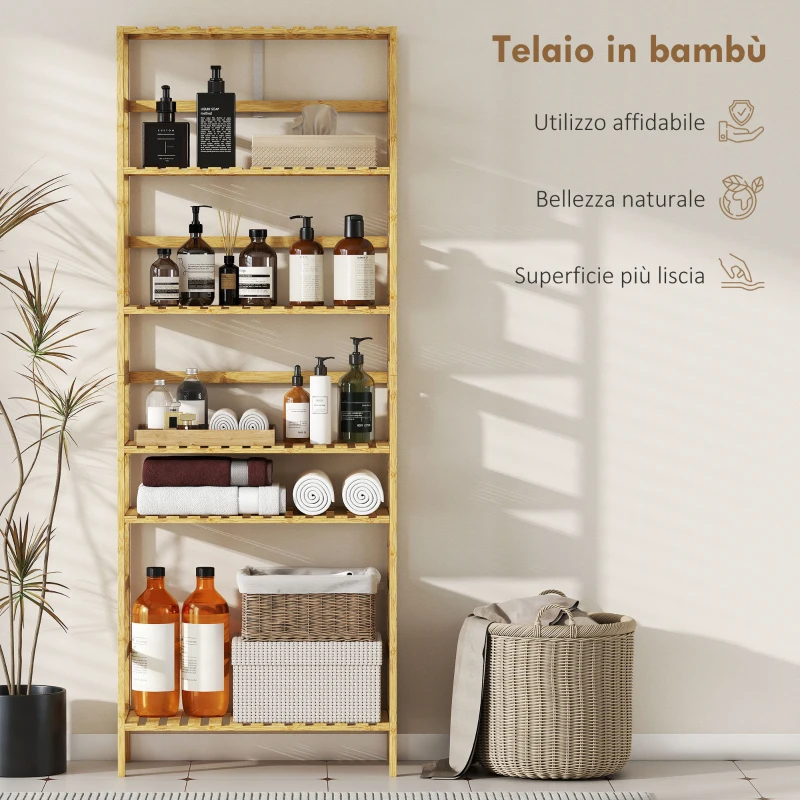 HOMCOM Scaffale in Legno di Bambù a 6 Livelli con Ripiani Regolabili, 60x26x161 cm, Legno Naturale