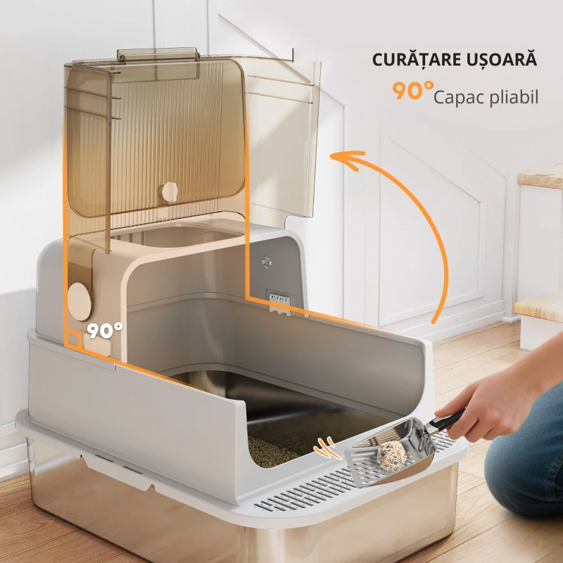 PawHut Litieră pentru Pisici XXL din Oțel Inoxidabil cu Capac Rabatabil la 90° Gri