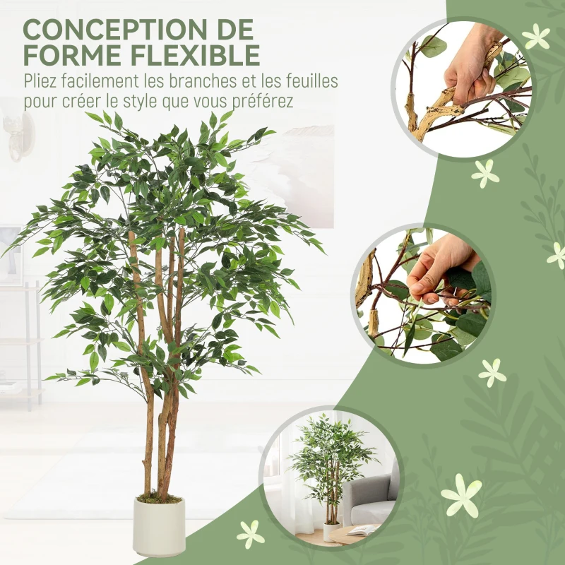 HOMCOM Plante artificielle intérieure 150 cm banian arbre artificiel, pot en plastique et tronc en bois massif, vert
