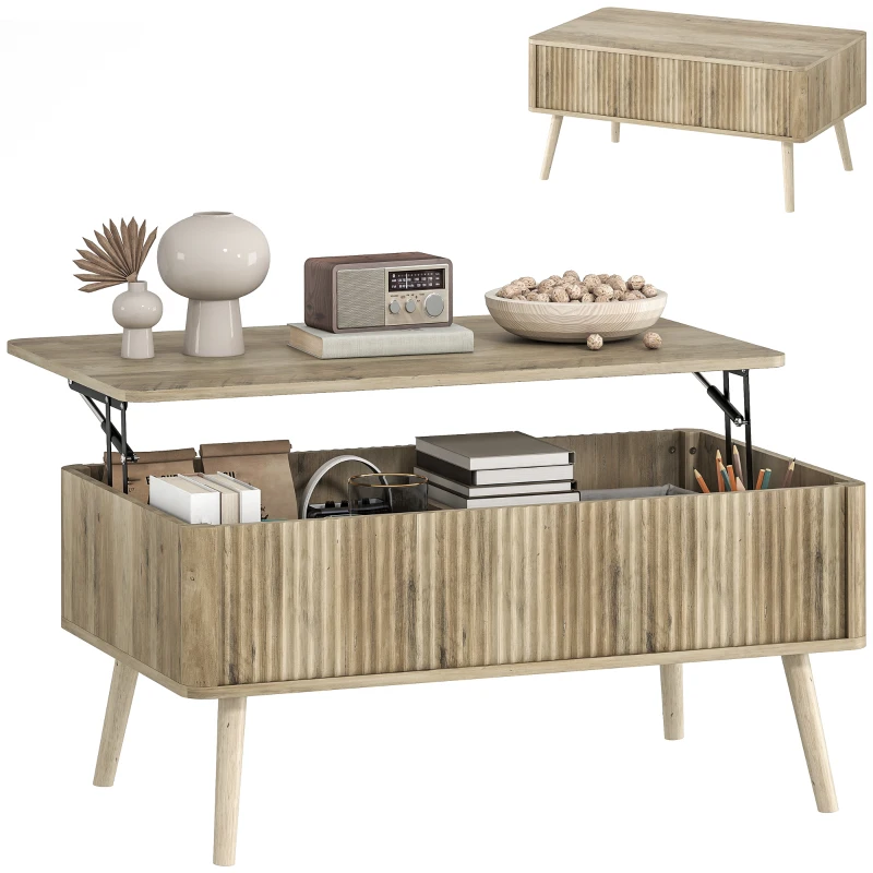 HOMCOM Mesa de Centro Elevable con Compartimentos Ocultos de Almacenaje y Patas de Pino para Salón Comedor 91x56x43 cm Roble