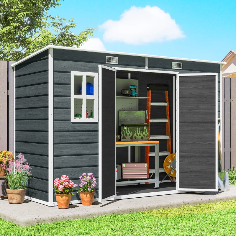 Outsunny Abri de jardin en plastique 10 x 4 pieds, avec plancher, effet bois gris