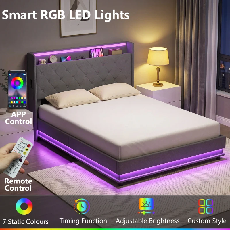 HOMCOM Stelaż łóżka 140 x 200 cm z zagłówkiem i podnóżkiem, platforma z hydraulicznym schowkiem, oświetleniem LED