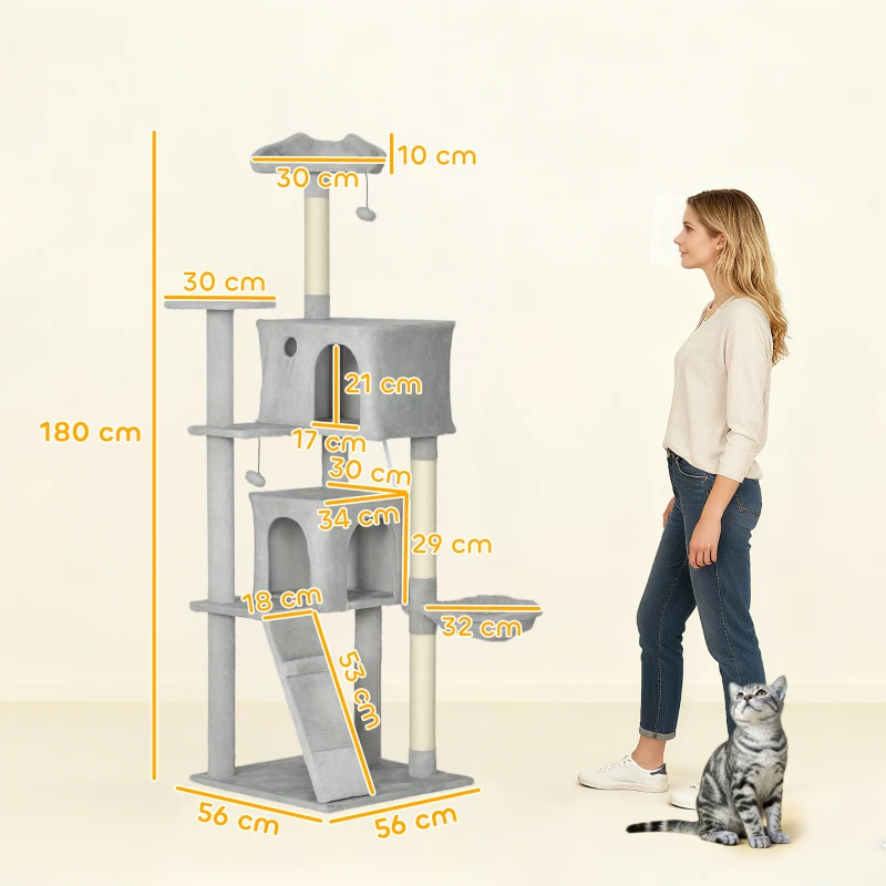 PawHut Árbol Rascador para Gatos 180 cm con Plataformas Cama 2 Cuevas Hamaca Escalera Postes de Sisal Gris Claro
