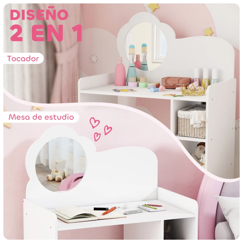 AIYAPLAY Tocador de Maquillaje Niña 2 en 1 Escritorio con Taburete Espejo Estantes Abiertos para Niños +3 Años Blanco