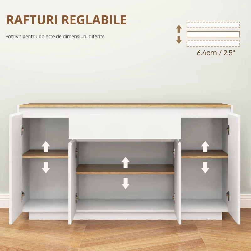 HOMCOM Bufet de Bucătărie cu 3 Dulapuri și 4 Uși cu Îchidere Lină, Mobilier Modern cu Sertar, 140x40x75 cm, Alb