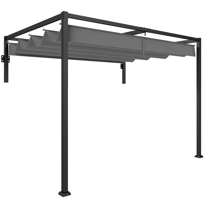 Outsunny Pérgola de Jardín de Pared 297x211x220 cm Cenador con Techo Retráctil y Marco de Acero para Patio Terraza Gris Oscuro