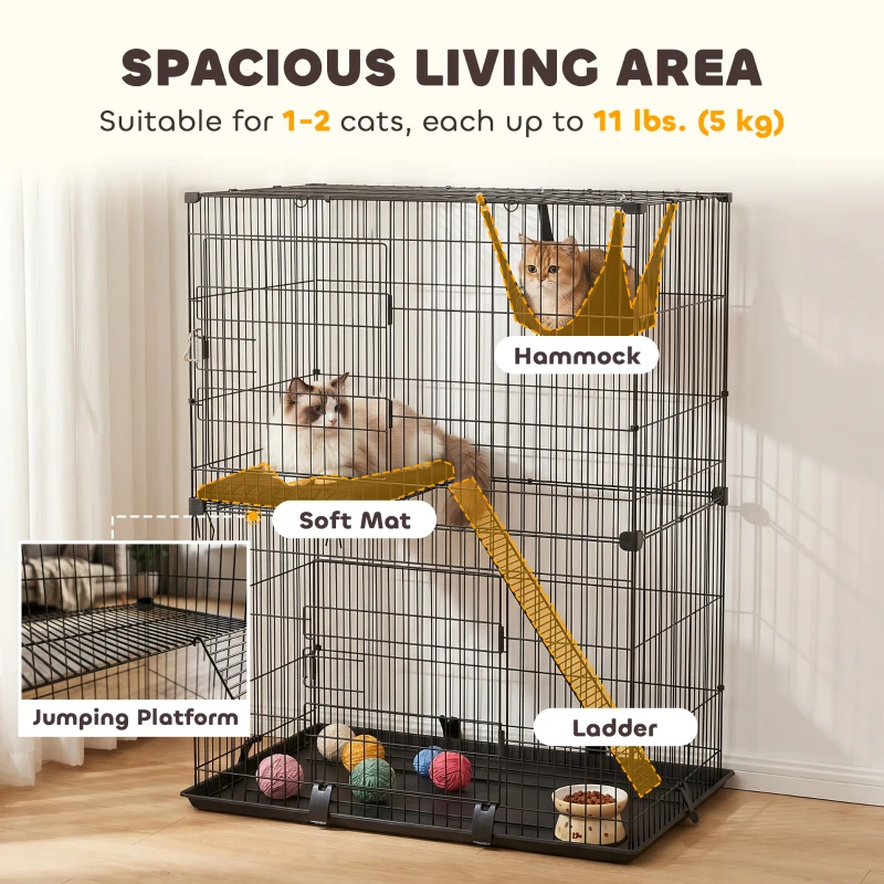 PawHut 3-Tier Large Cat Cage Indoor, Detachable Metal Wire Kennel with Hammock, Platforms, Tray and Cushions for 1-2 Kittens