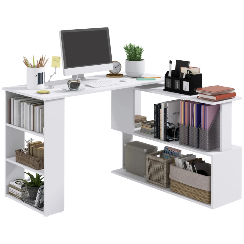 HOMCOM Corner Computer Desk, L Shaped Desk with 360° Rotating Bookshelf, 120L x 110W x 74.5H cm, White