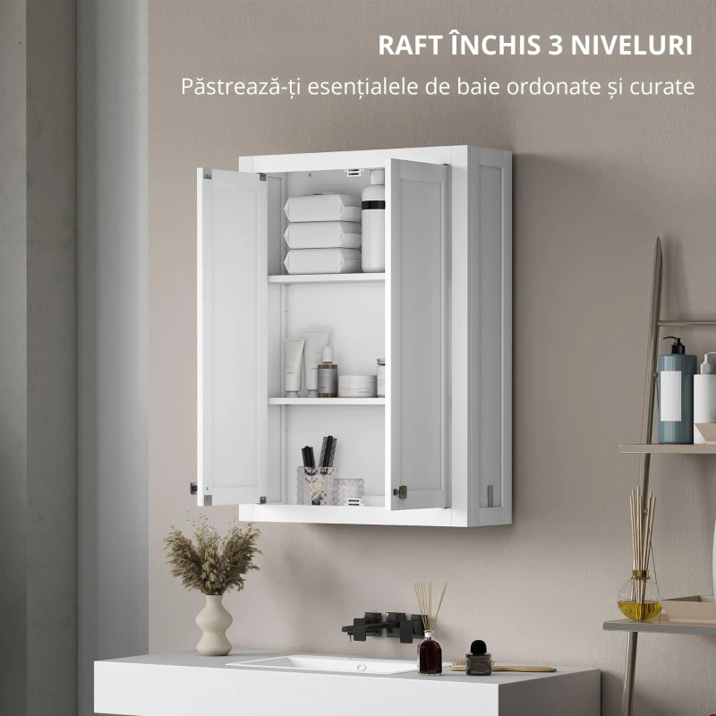 HOMCOM Dulap de Baie de Perete din Lemn cu 2 Rafturi Reglabile pe 3 Nivele, 61x20x84 cm, Alb