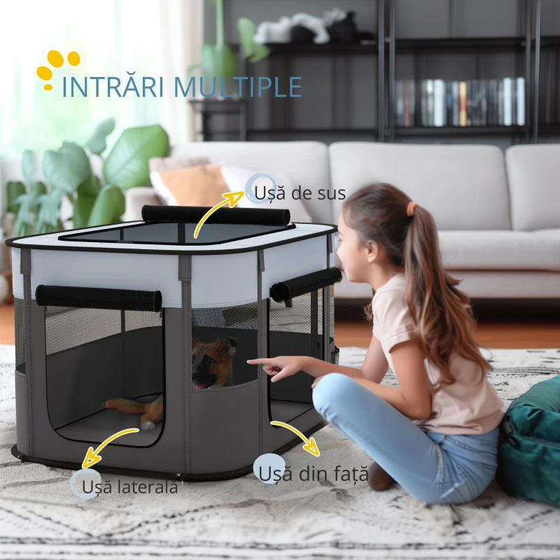 PawHut Țarc de Joacă pentru Animale de Companie cu 7 Ferestre, 3 Uși și 2 Pungi de Depozitare, Gard pentru Câini din Țesătură și Oțel Oxford, 84x64x53 cm, Negru