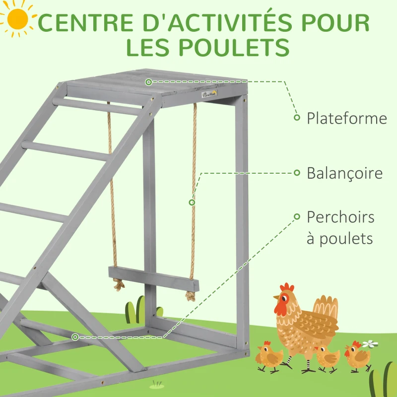 PawHut Perchoir en bois pour poule, aire de jeux en bois pour poules avec balançoire, échelle, plateforme, 96 x 40 x 71 cm, gris
