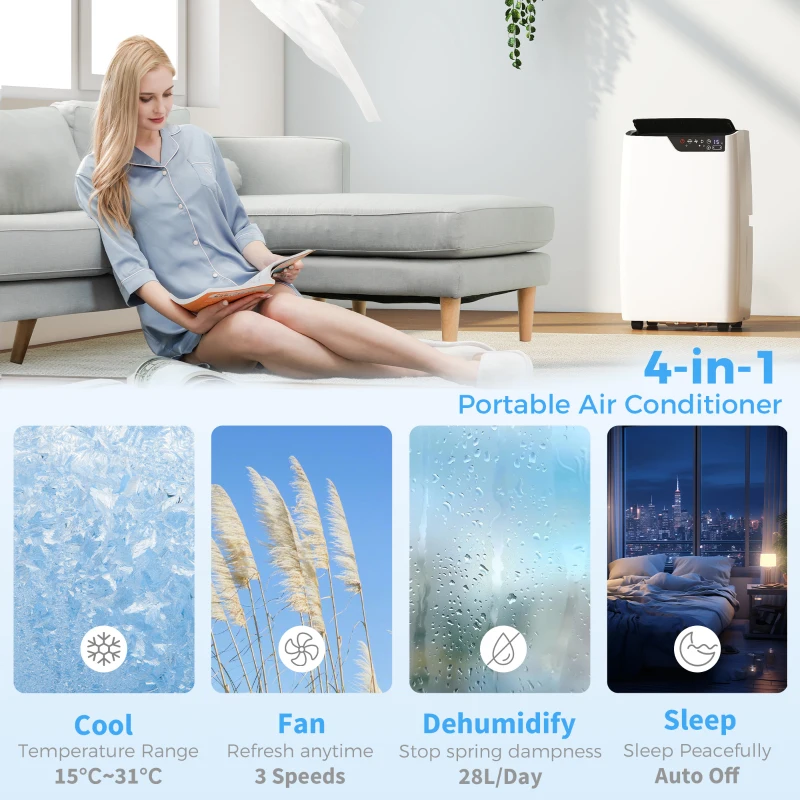 HOMCOM Klimatyzator przenośny 12 000 BTU, funkcje chłodzenia, osuszania, wentylatora, tryb nocny, sterowanie głosowe WiFi