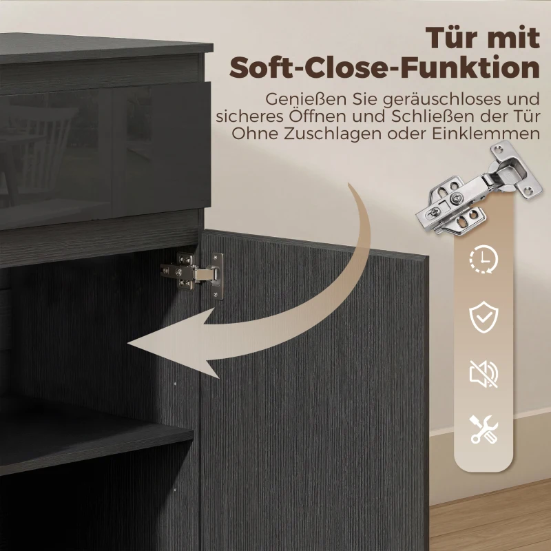 HOMCOM Modernes Sideboard, Stauraum-Sideboard mit 5 Schubladen, verstellbarem Regal, Soft-Close-Tür, Schwarz Hochglanz