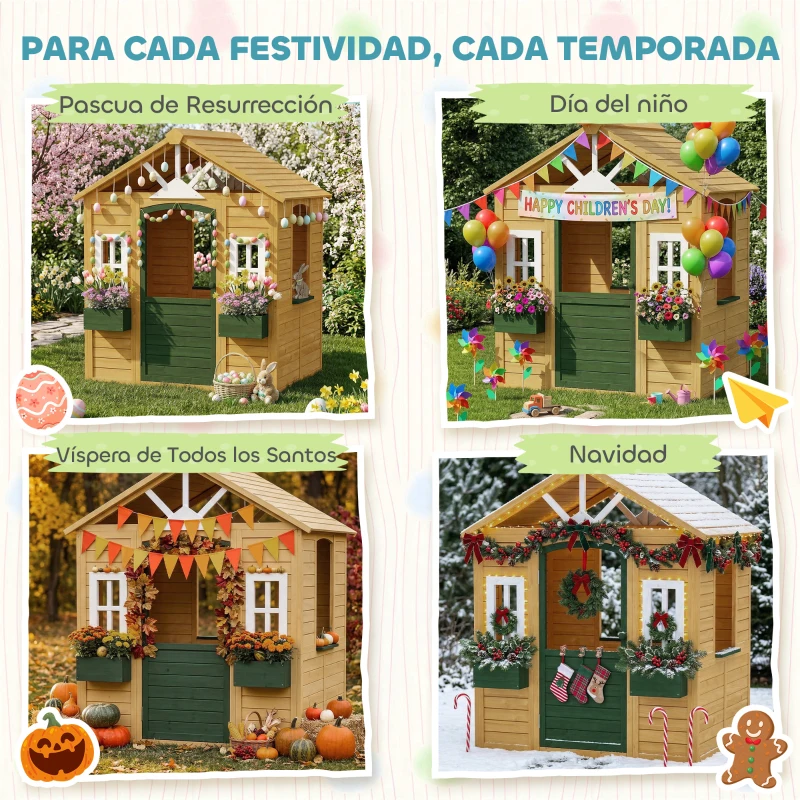 AIYAPLAY Casita Infantil Exterior e Interior de Madera Casita Infantil con 2 Maceteros 3 Ventanas Puerta para 3-8 Años Marrón