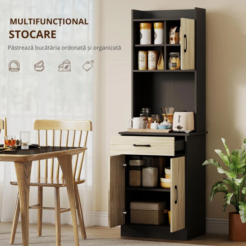 HOMCOM Dulap de Bucătărie cu Sertar, Rafturi Deschise și Dulapuri Negru și Lemn