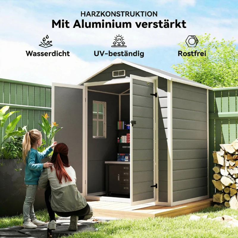 Outsunny Metall-Gartenschuppen, abschließbar, Doppeltür, Fenster, Aluminiumrahmen, 1,80 x 1,30 x 2,10 m, Grau(m-5)