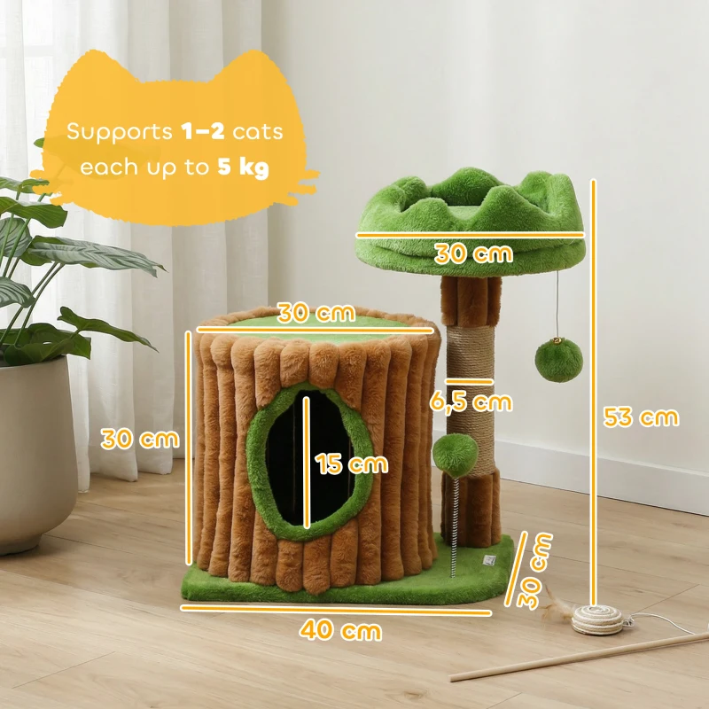 PawHut Árbol Rascador para Gatos 53 cm Diseño de Tronco con Casita Cama Poste de Yute Bolas Marrón y Verde