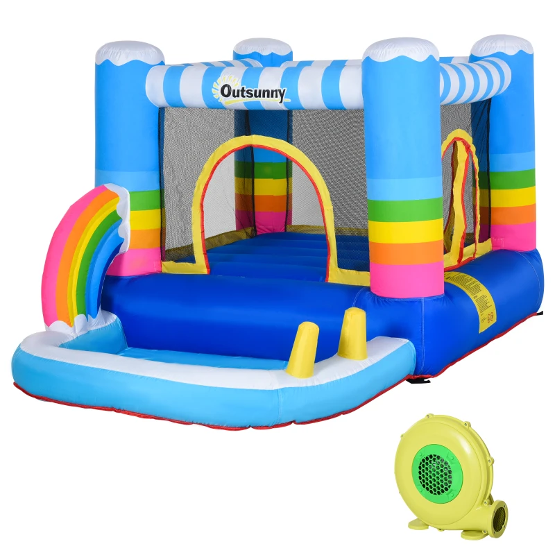 Outsunny Kids Rainbow Bouncy Castle & Pool House Inflatable Trampoline w/ Blower Pump