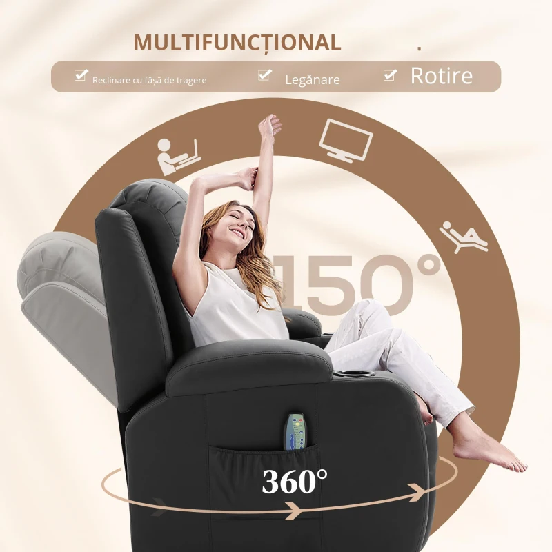Homcom Fotoliu Masaj & incalzire – 8 Zone, Piele Eco, inclinabil 150°