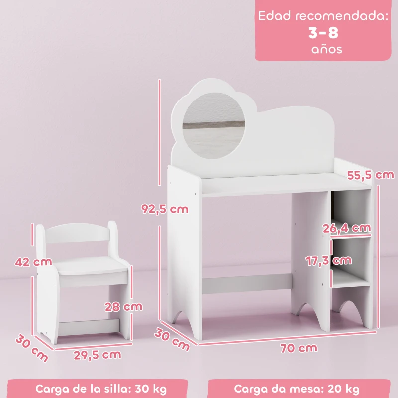 AIYAPLAY Tocador de Maquillaje Niña 2 en 1 Escritorio con Taburete Espejo Estantes Abiertos para Niños +3 Años Blanco