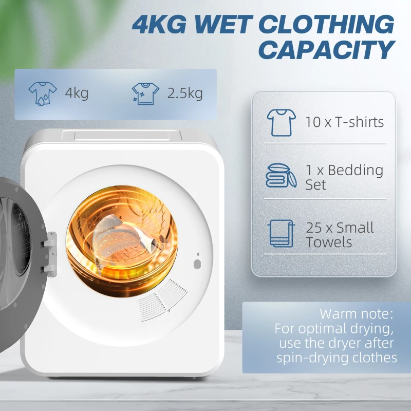 HOMCOM 4 kg Vented Tumble Dryer, 800W Compact Freestanding Front Tumble Dryer with Stainless Steel Tub and Customisable Timer, Wall-Mounted Portable Small Clothes Drying Machine, White