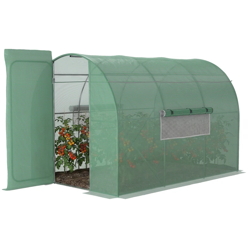 Outsunny Large Polytunnel Walk In Greenhouse, Plant Gardening Tunnel Green House with Metal Hinged Door, Galvanised Steel Frame & Mesh Windows, Green (3 x 2 m)