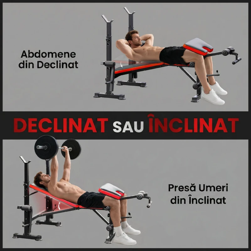 HOMCOM Bancă Multifuncțională Reglabilă cu Suport pentru Haltere, din Oțel și Plastic, 175x139x127 cm, Roșu și Negru