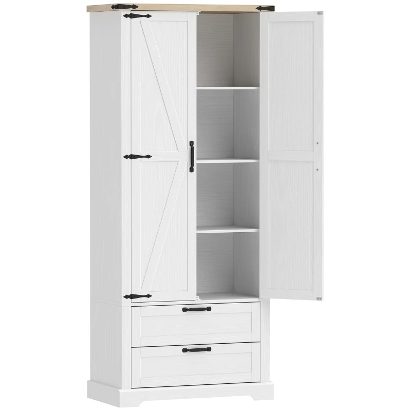 HOMCOM Buffet haut cuisine, armoire de cuisine avec 2 portes, 2 tiroirs, étagères réglables, style rustique, 76x40x180cm, blanc