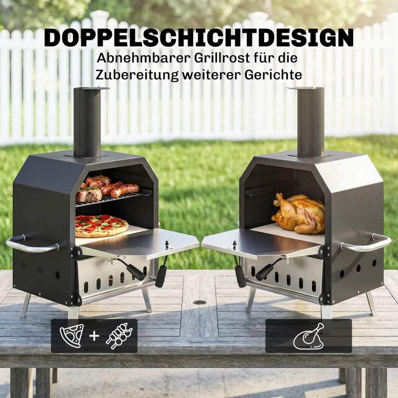 Outsunny Outdoor Pizzaofen Holzbefeuerter Pizza Ofen Edelstahl 2 Ebene Backofen mit 1cm dick Pizzastein Klappbein