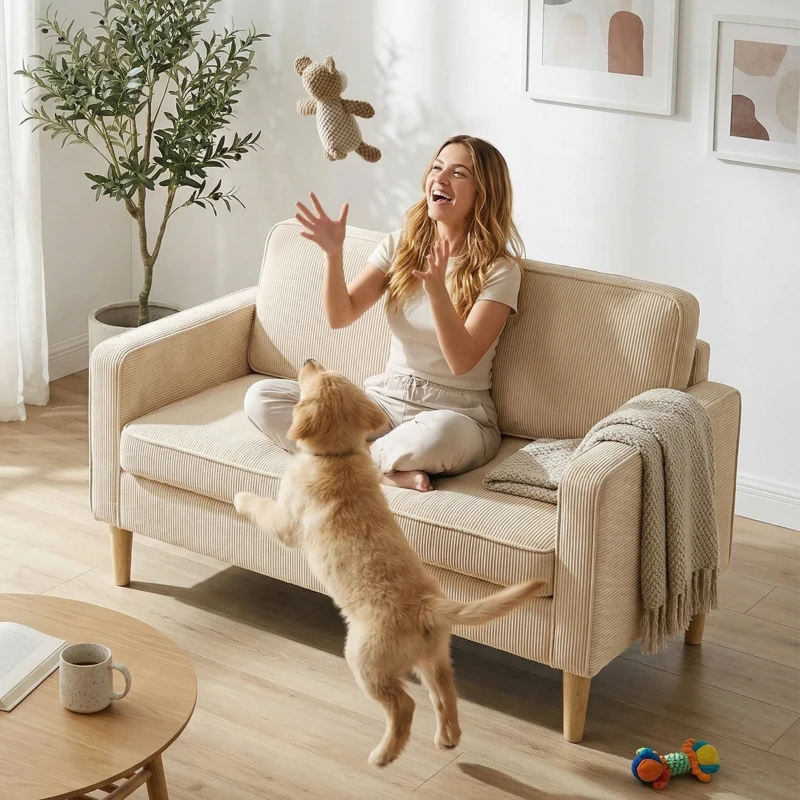 HOMCOM Sofa 2 Sitzer Couch mit 2 Wurfkissen, Stauraum Massivholzfüßen Kleine Modern Loveseat Corduroy 117 x 63 x 79 cm Beige