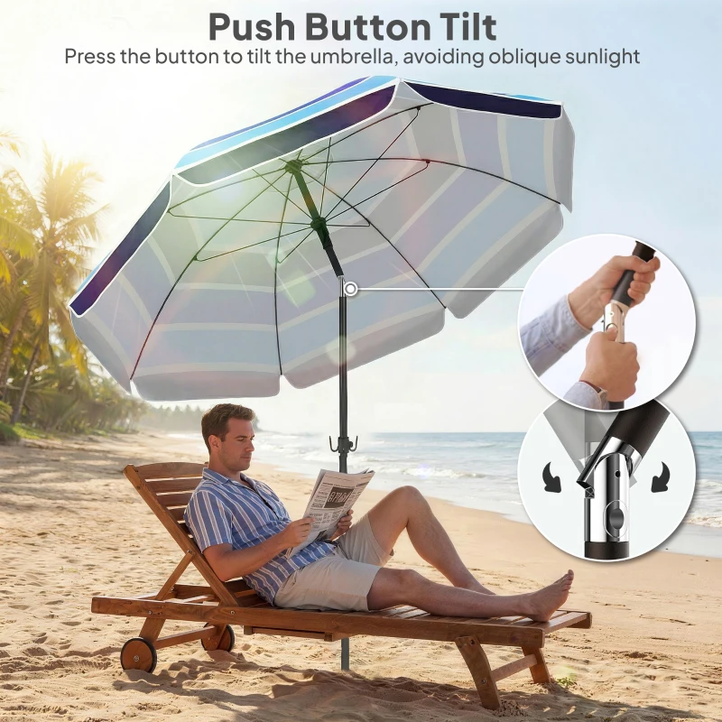 Outsunny Parasol Plażowy Ø198 cm UV30+ z Składanym Stolikiem i Uchwytami na Napoje, Regulowany, Wielokolorowy