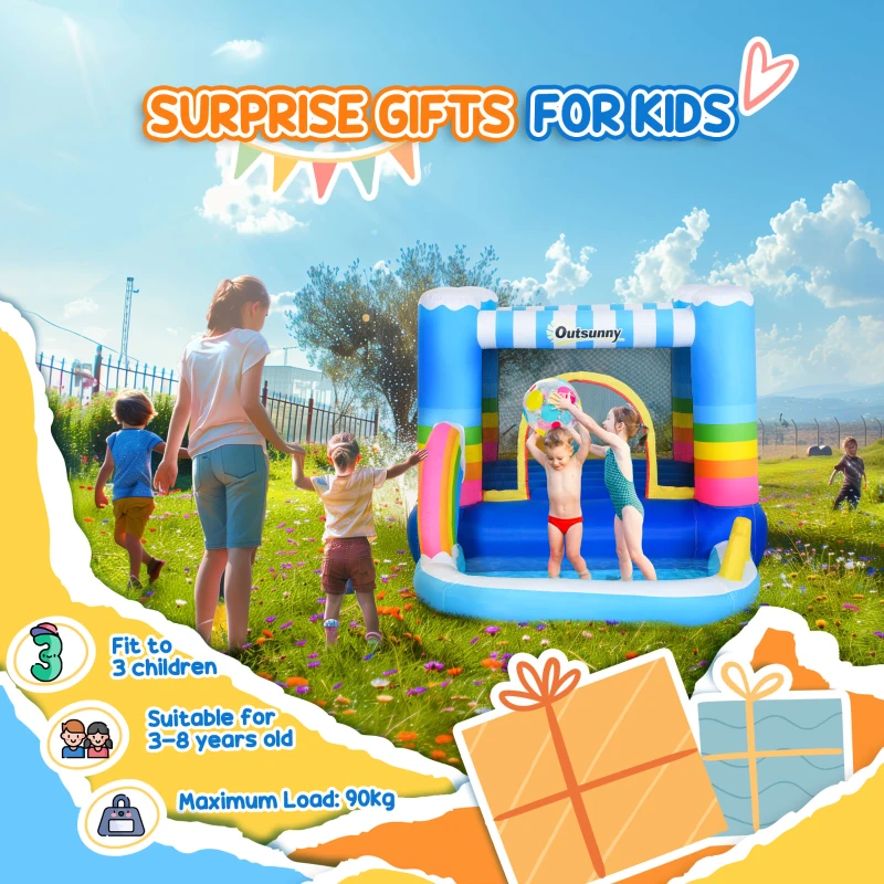 Outsunny Kids Rainbow Bouncy Castle & Pool House Inflatable Trampoline w/ Blower Pump