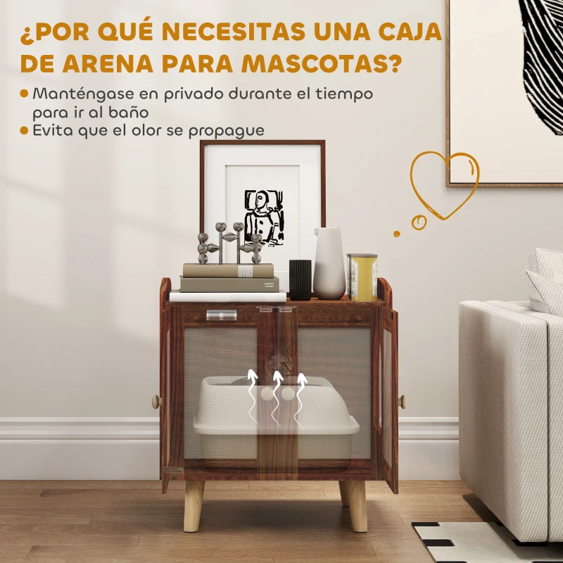 PawHut Mueble Arenero para Gatos Mesa Auxiliar con Puertas con Esteras de Sisal para Salón Dormitorio 55x43x59,6 cm Marrón