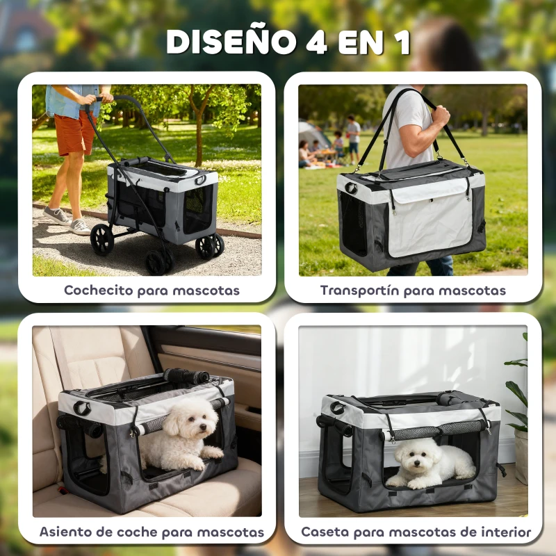PawHut Cochecito para Perros Pequeños Plegable Cochecito para Mascotas con Vagón Desmontable 4 Puertas con Cremallera Gris
